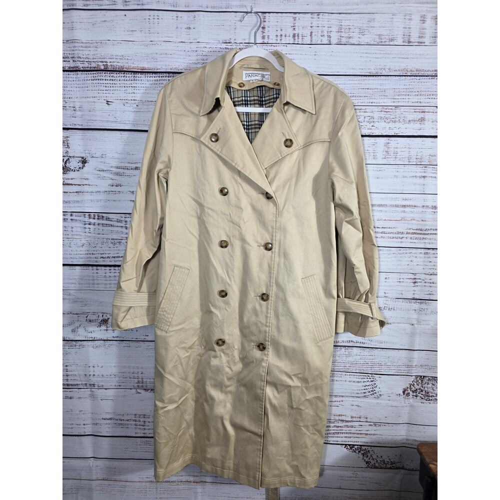 Panache Women's Beige Trench Coat Plaid Lined Double Breasted Long Jacket Size L